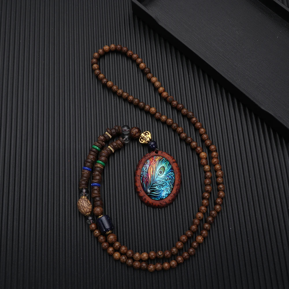 Wood Beaded Necklace Bohemian Feather Peacock Pendant