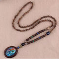 Wood Beaded Necklace Bohemian Feather Peacock Pendant