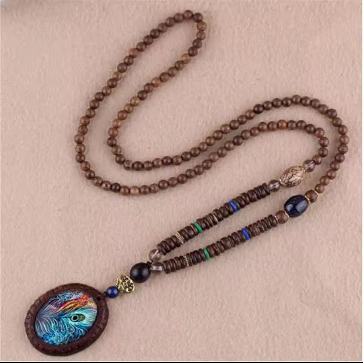 Wood Beaded Necklace Bohemian Feather Peacock Pendant