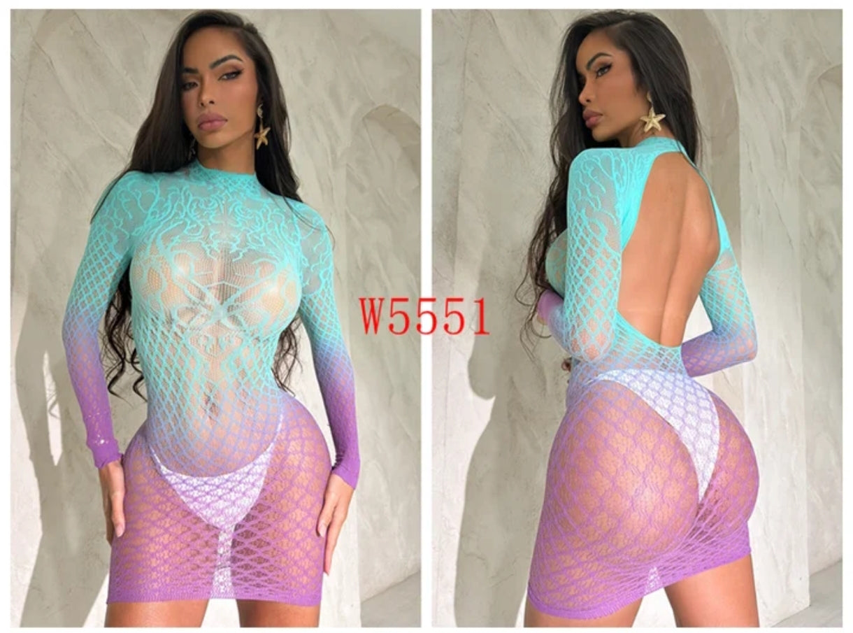 Colourful Gradient Stretchy Fishnet Outfit Lingerie Rave Doof