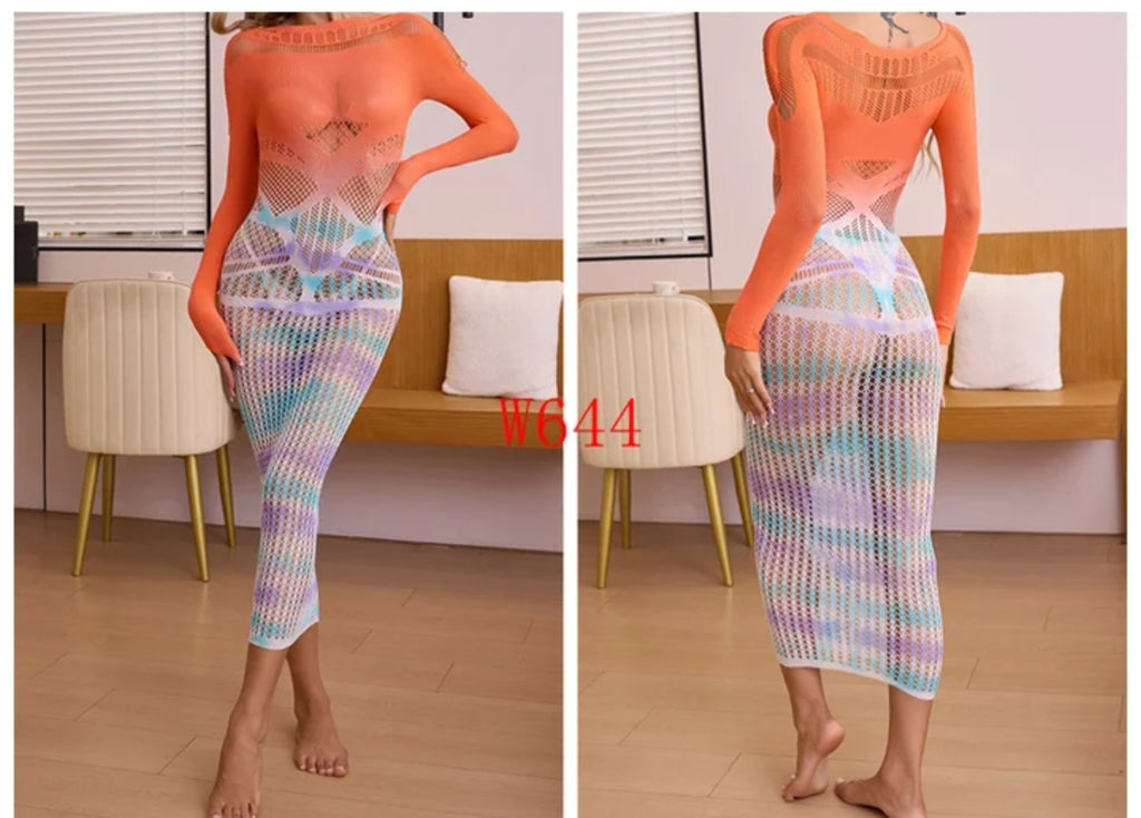 Colourful Gradient Stretchy Fishnet Outfit Lingerie Rave Doof