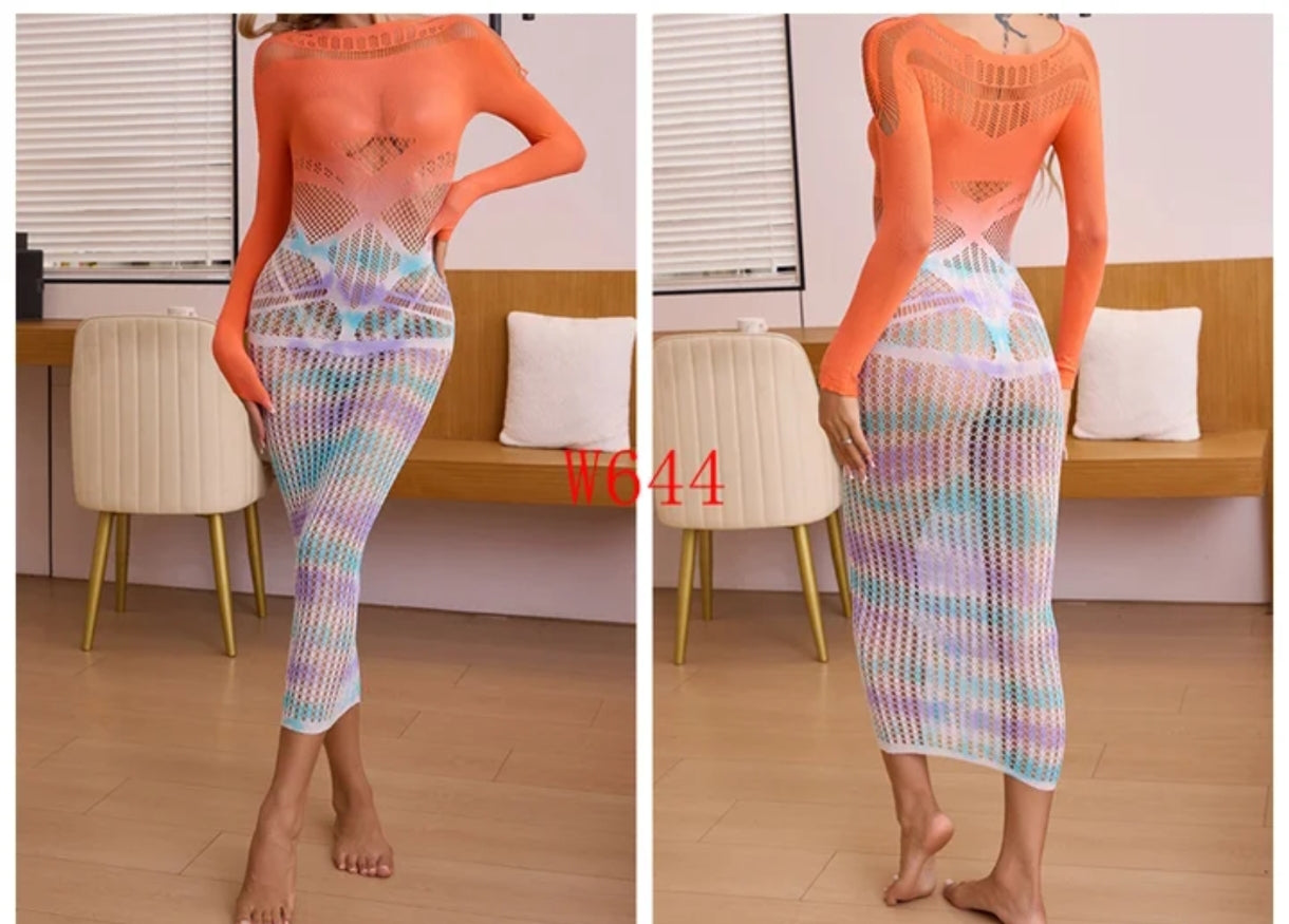 Colourful Gradient Stretchy Fishnet Outfit Lingerie Rave Doof