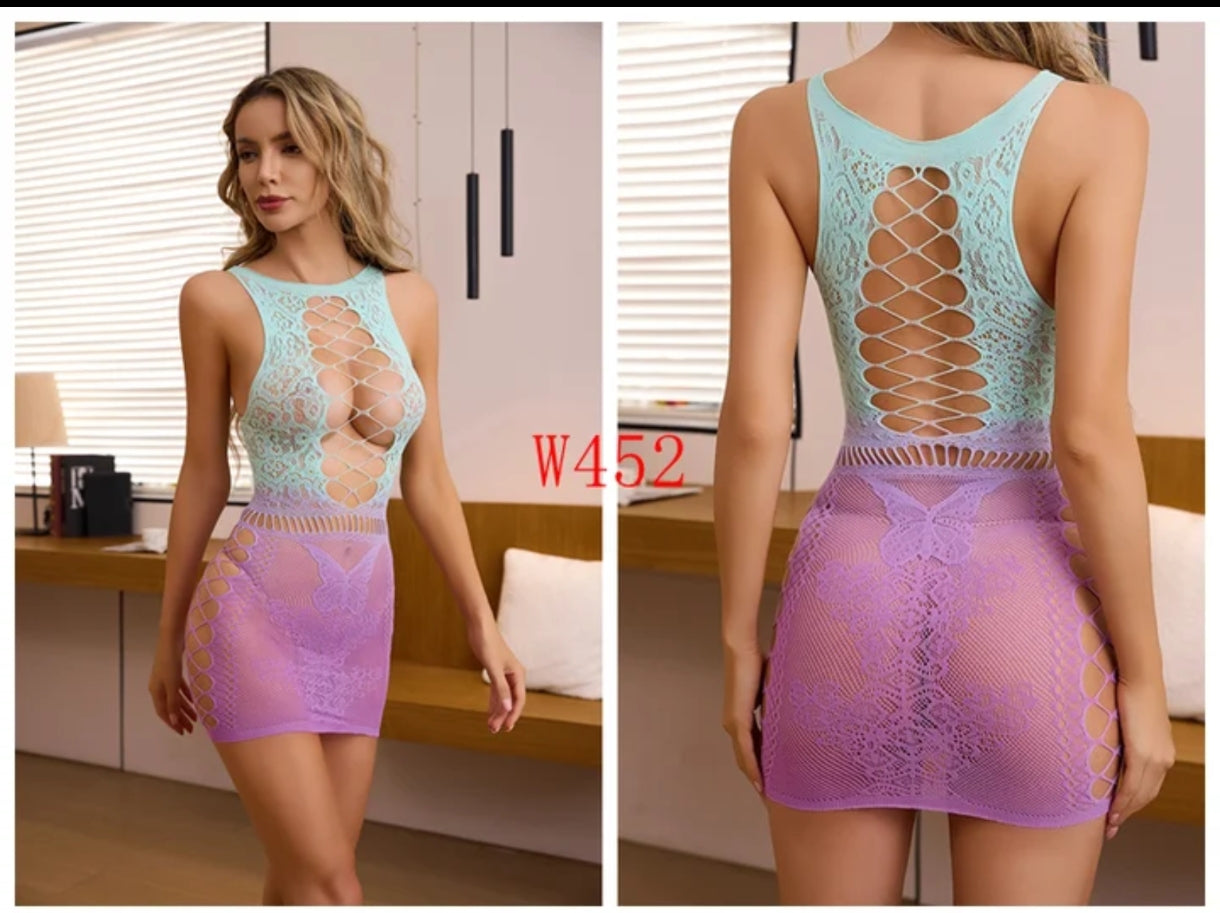 Colourful Gradient Stretchy Fishnet Outfit Lingerie Rave Doof